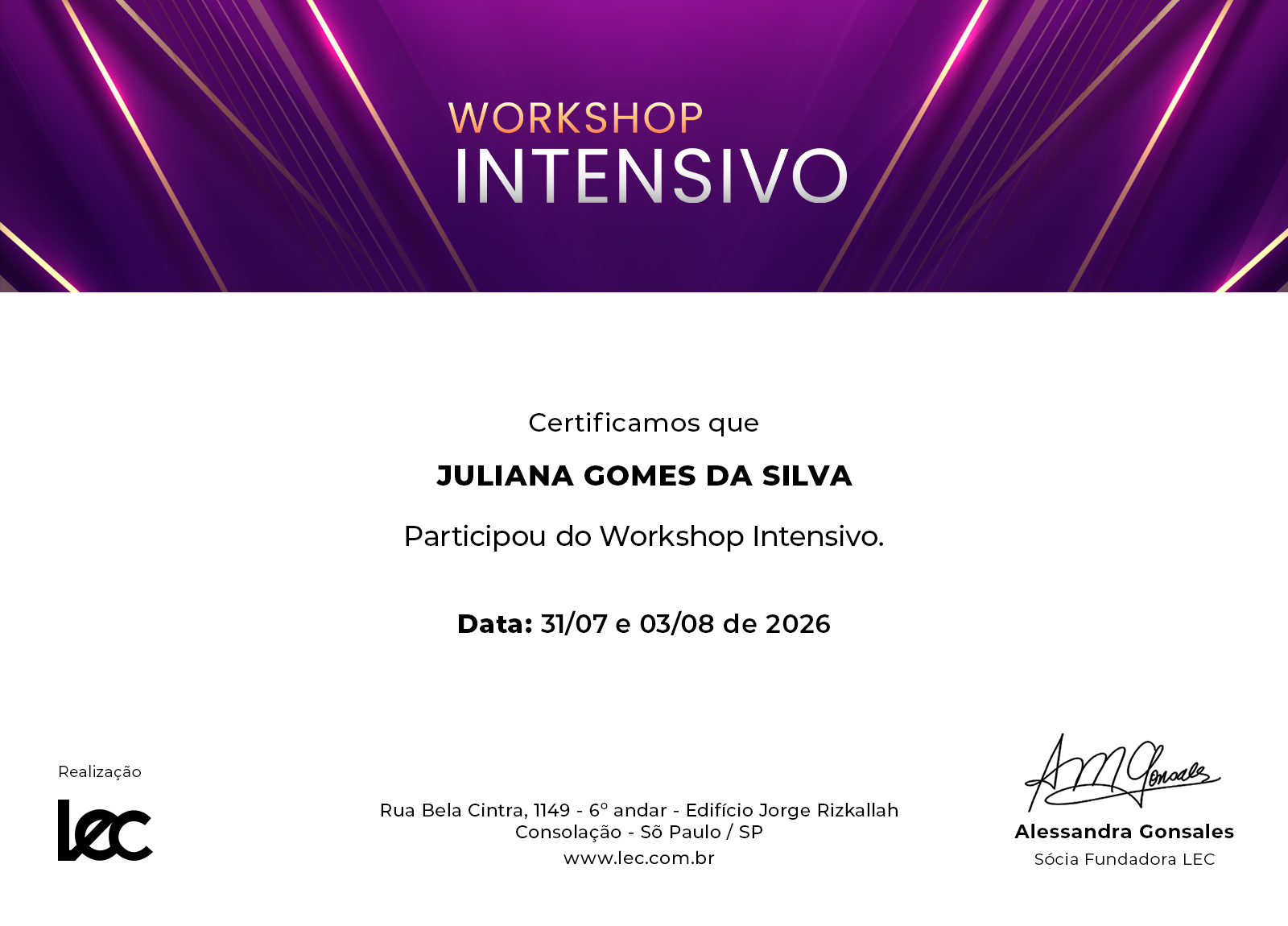 Modelo de certificado Workshop Intensivo