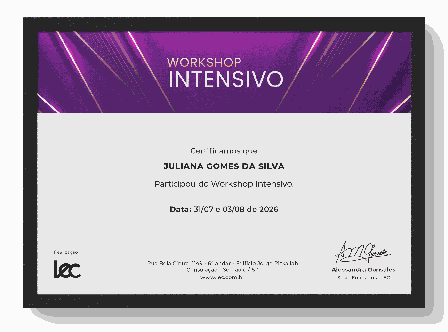Modelo de certificado Workshop Intensivo